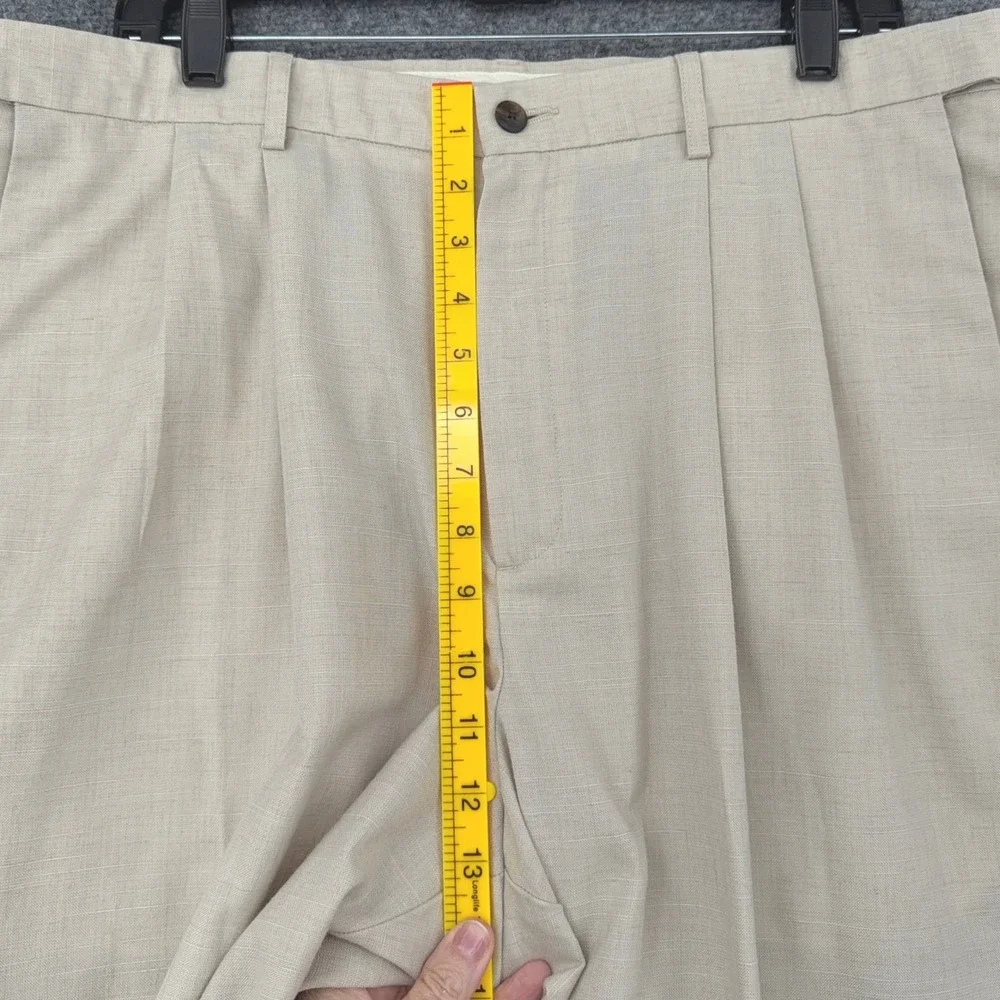 Haggar Mens Pleated Casual Pants Tan Khaki Size 40x27 Polyester Linen Blend‎